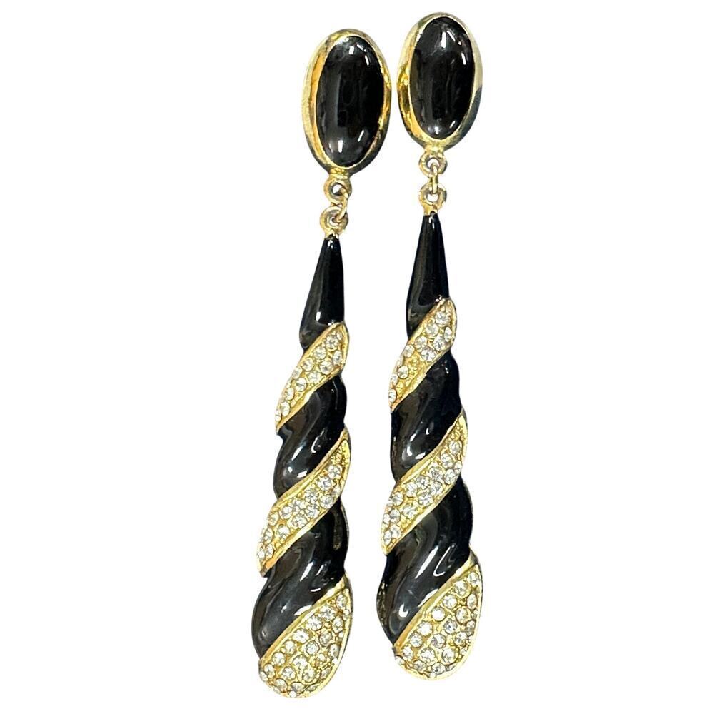 Vtg 80s Egyptian Revival Long 3" Dangle Earrings Black Gold Crystals Clip on